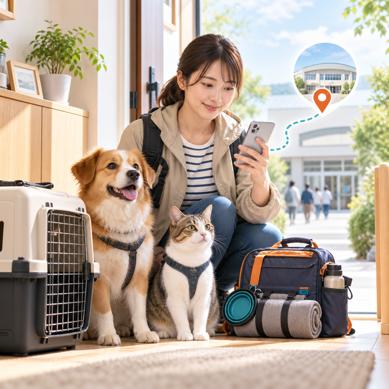 ペット避難ナビで避難先を確認する飼い主と犬と猫