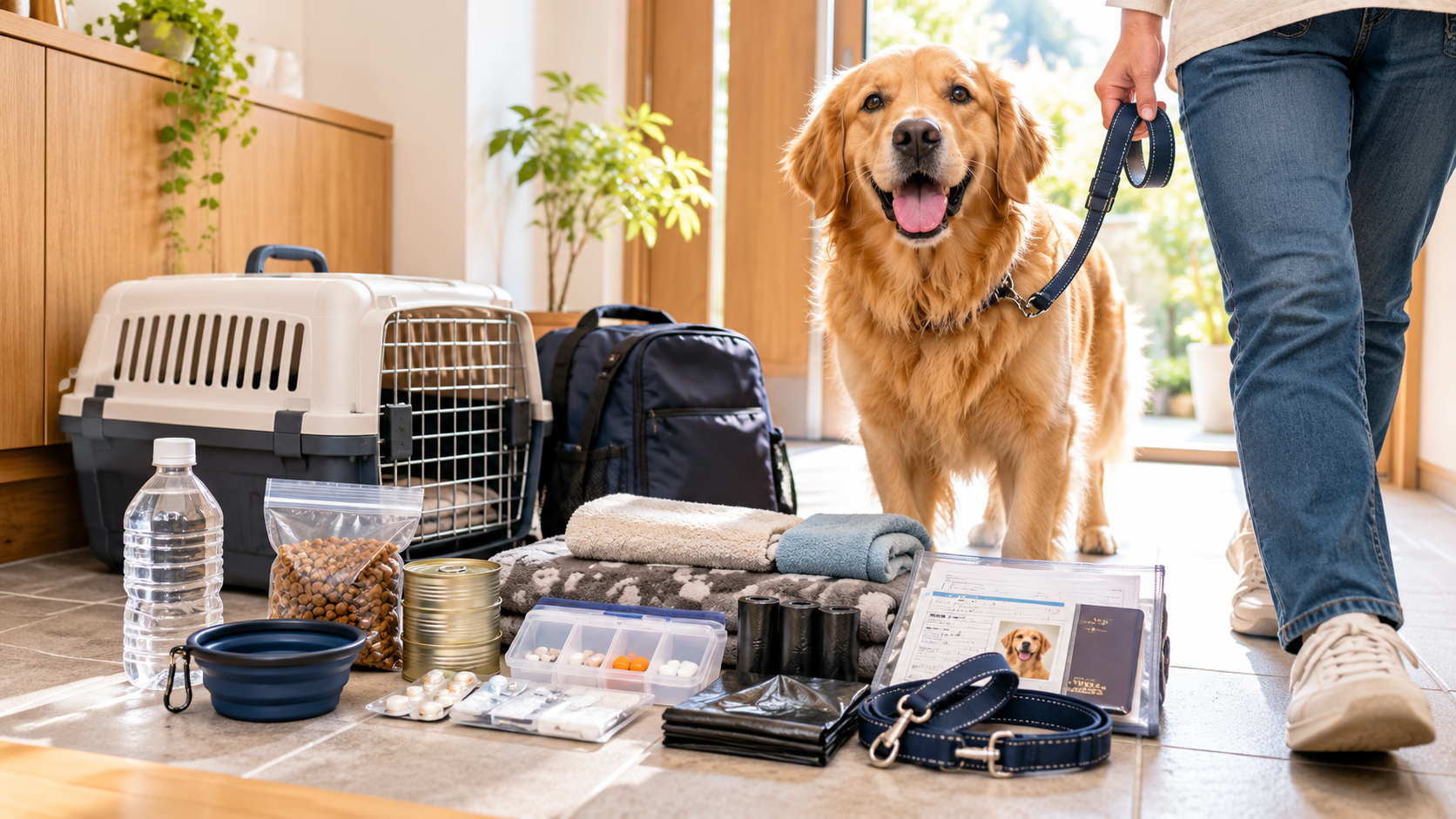 玄関にキャリーや水、フード、薬、リードを準備して愛犬と避難に備える様子