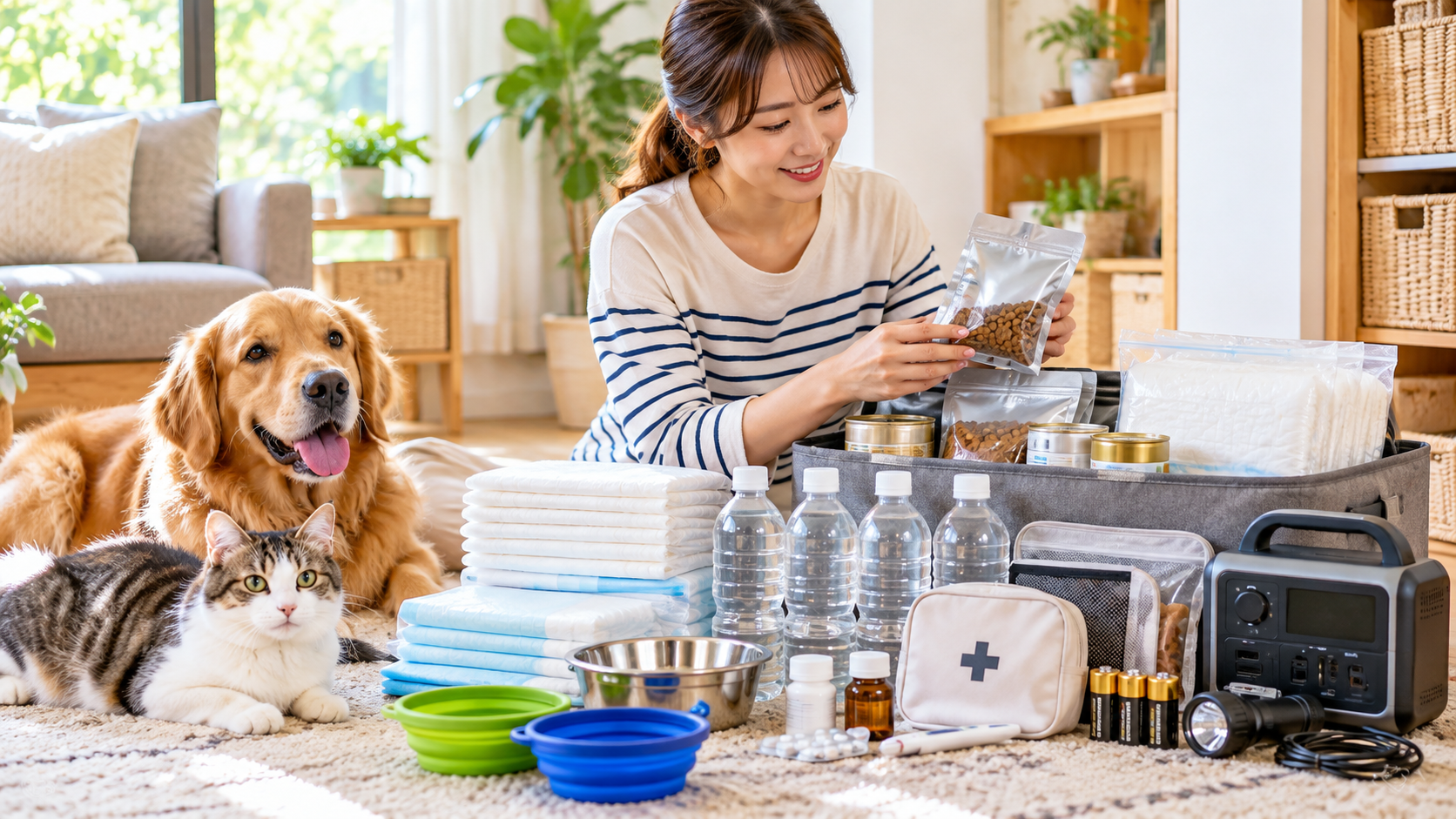 犬と猫のためのフード、水、衛生用品、薬、電源など在宅避難用品をそろえる飼い主
