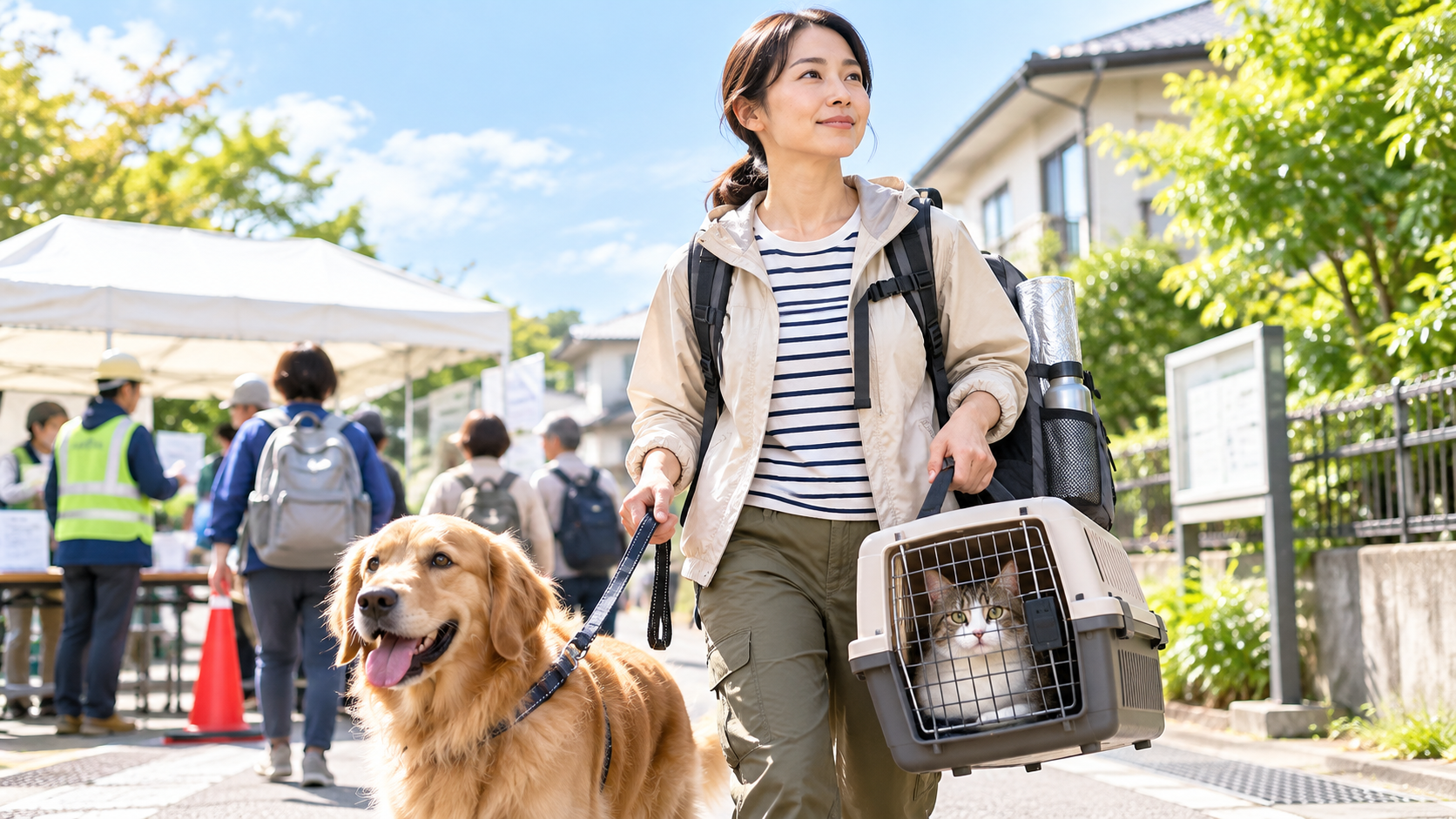 犬をリードで連れ猫をキャリーに入れて避難所へ向かう飼い主