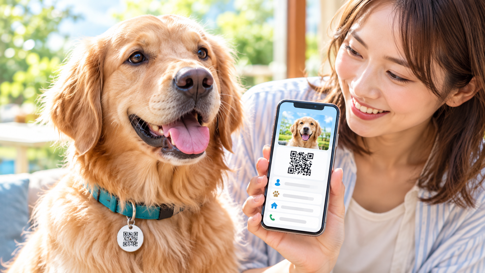 愛犬のプロフィールとQRコードをスマートフォンで表示する飼い主