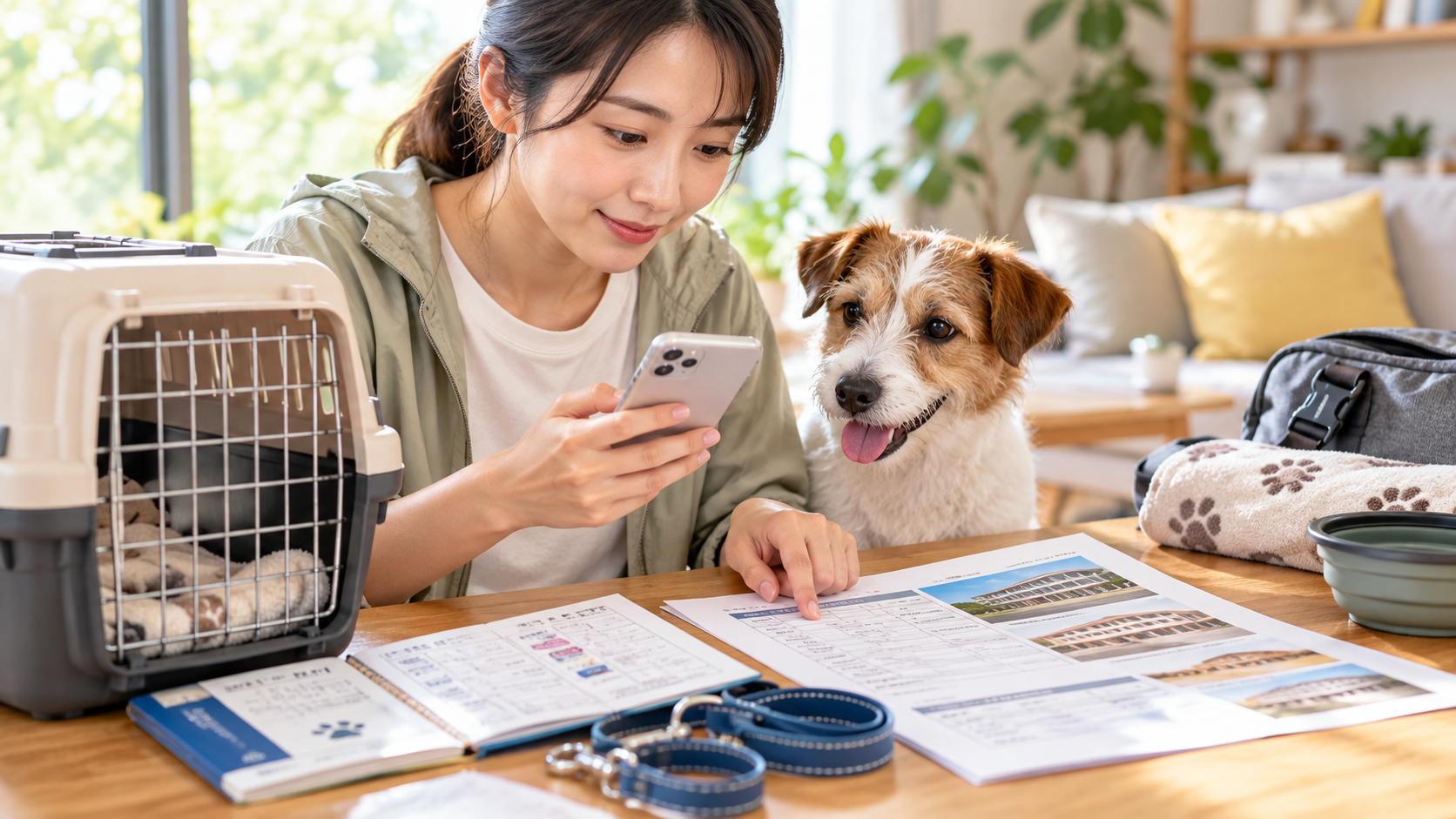 スマートフォンと資料を見ながら愛犬の避難先候補を確認する飼い主