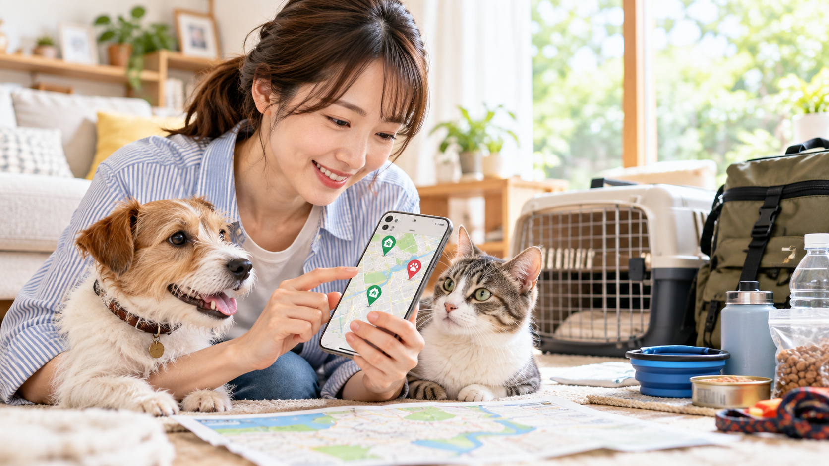 スマートフォンで周辺の避難所を確認しながら犬と猫の避難準備をする飼い主