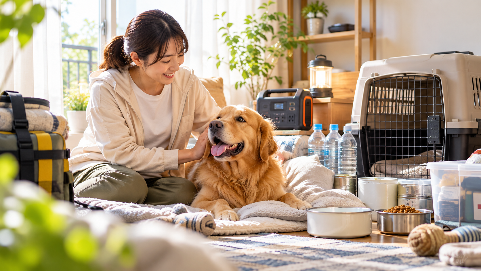 愛犬と自宅で安全に在宅避難するために電源や水、キャリーを備えた室内