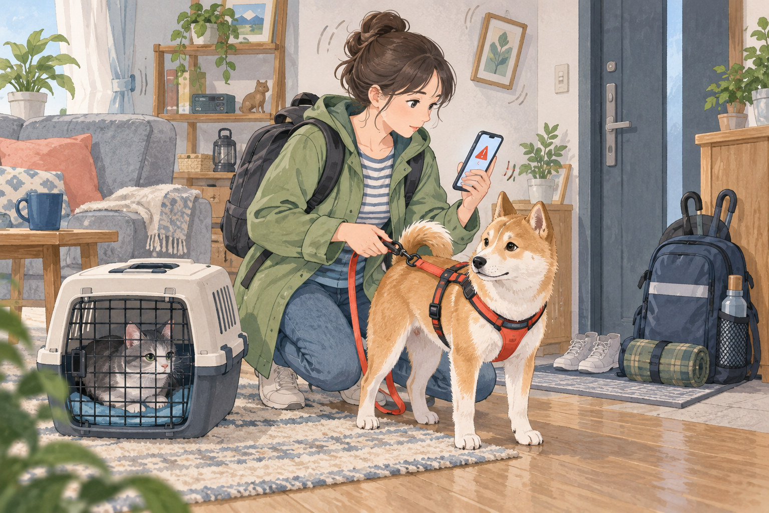 発災直後に犬と猫を安全に確保して避難準備をする飼い主