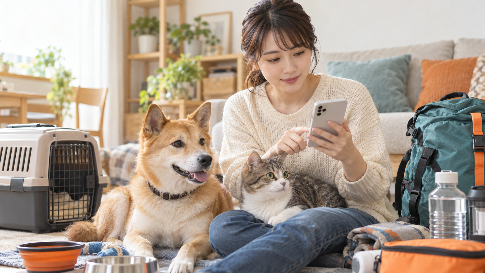 ペット避難ナビで避難先を確認する飼い主と犬と猫