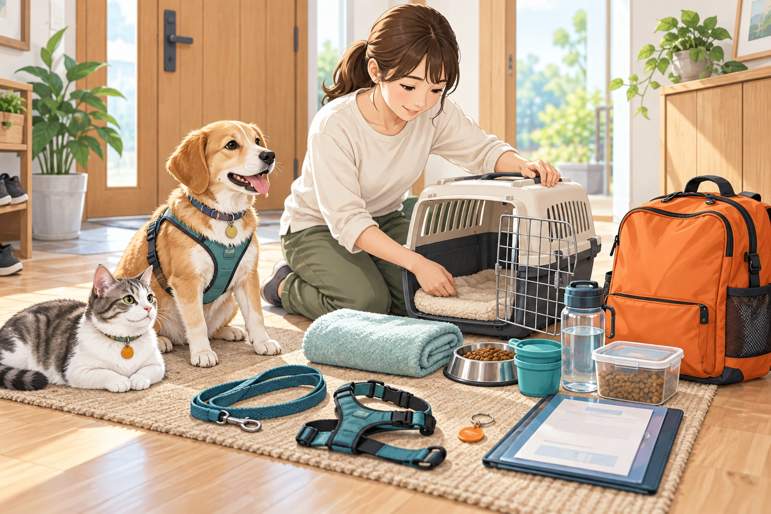 ペットの同行避難に備えてキャリーと防災用品を準備する様子