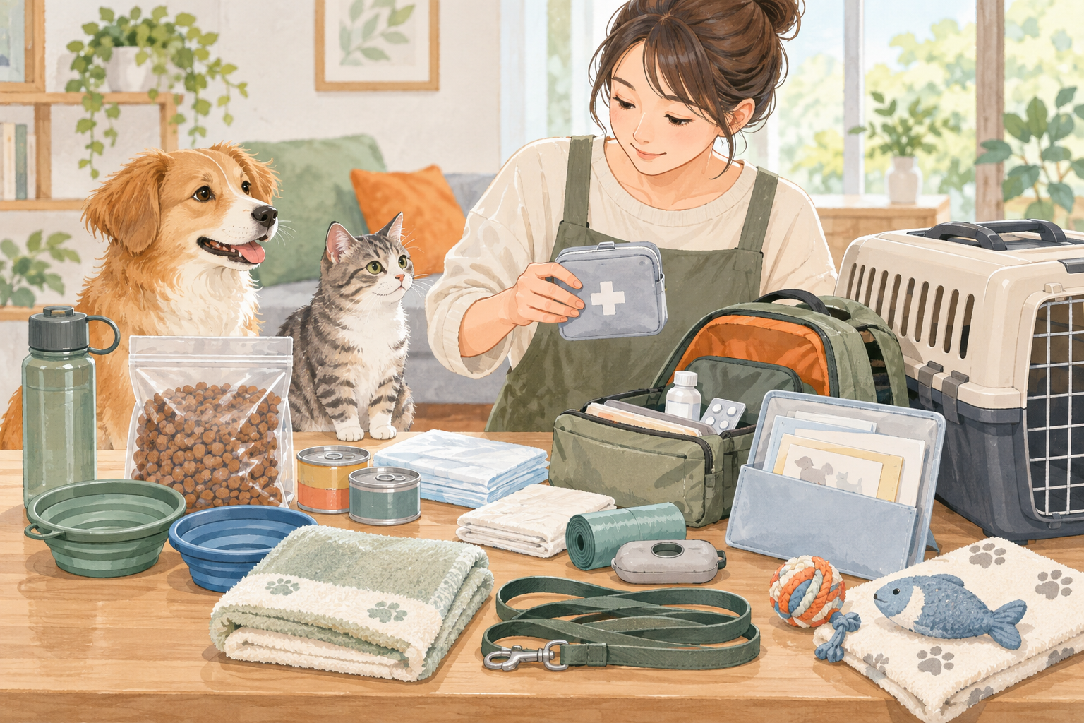 ペット避難に必要な防災用品を準備する飼い主と犬と猫