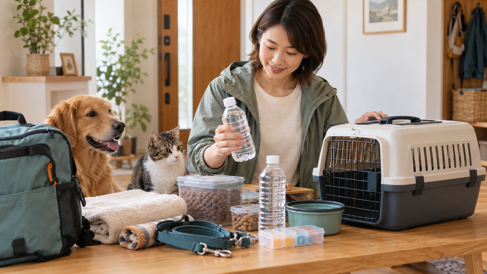 犬と猫のための防災用品を準備する飼い主