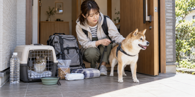 自宅の玄関で避難リュックを整え、リードを付けた犬とキャリー内の猫と避難準備をする飼い主