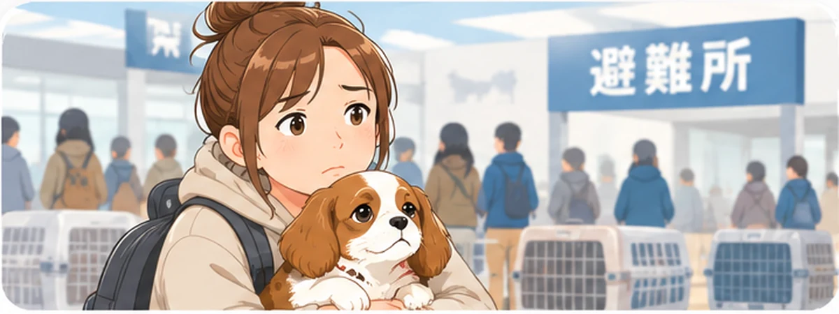 避難所で犬を抱く飼い主のイラスト