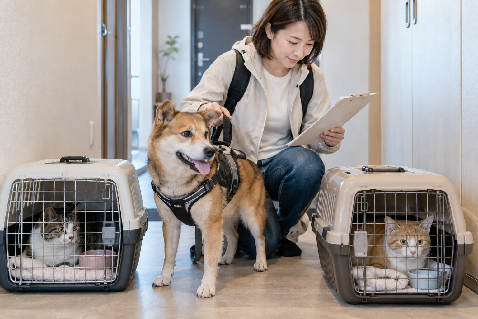 犬と2匹の猫を別々のキャリーに入れて避難練習をする多頭飼い家庭