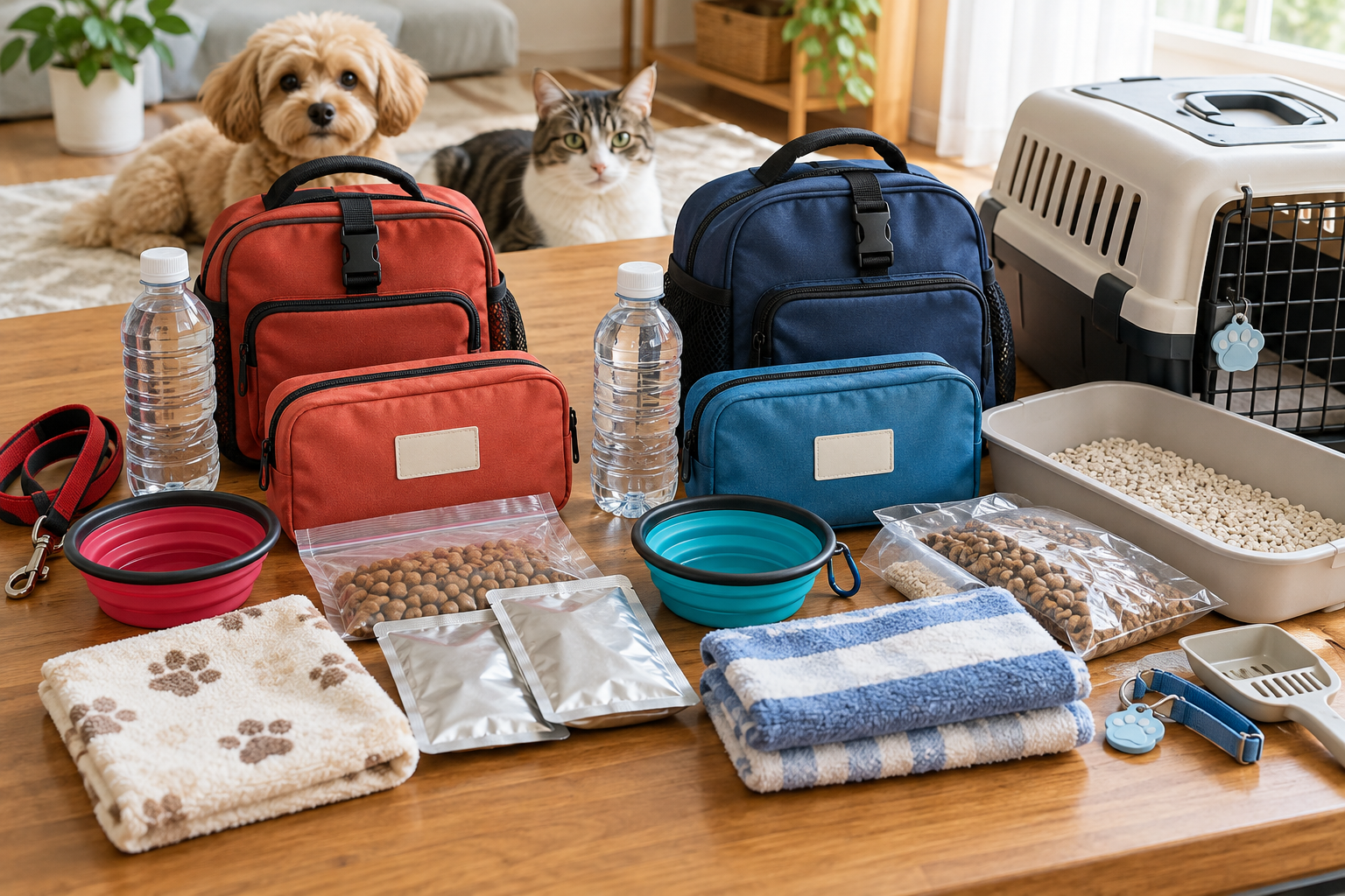 犬と猫それぞれの持出し袋、水、フード、トイレ用品をまとめた防災セット