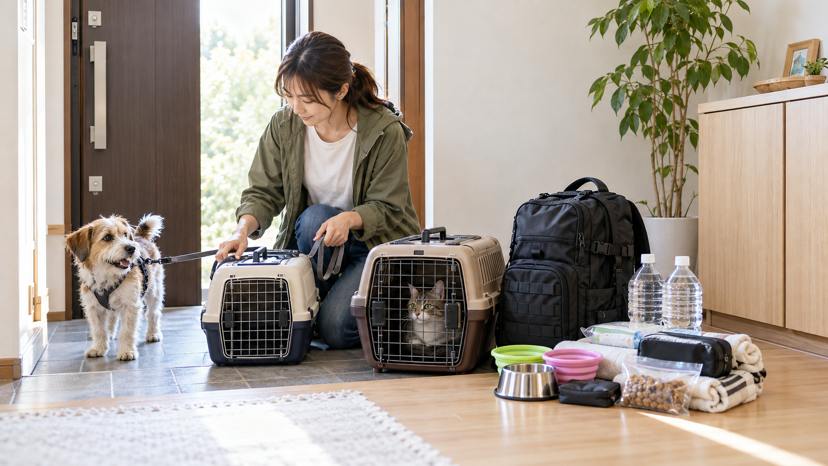 玄関で犬と猫のキャリー、避難用リュックを準備する多頭飼いの飼い主